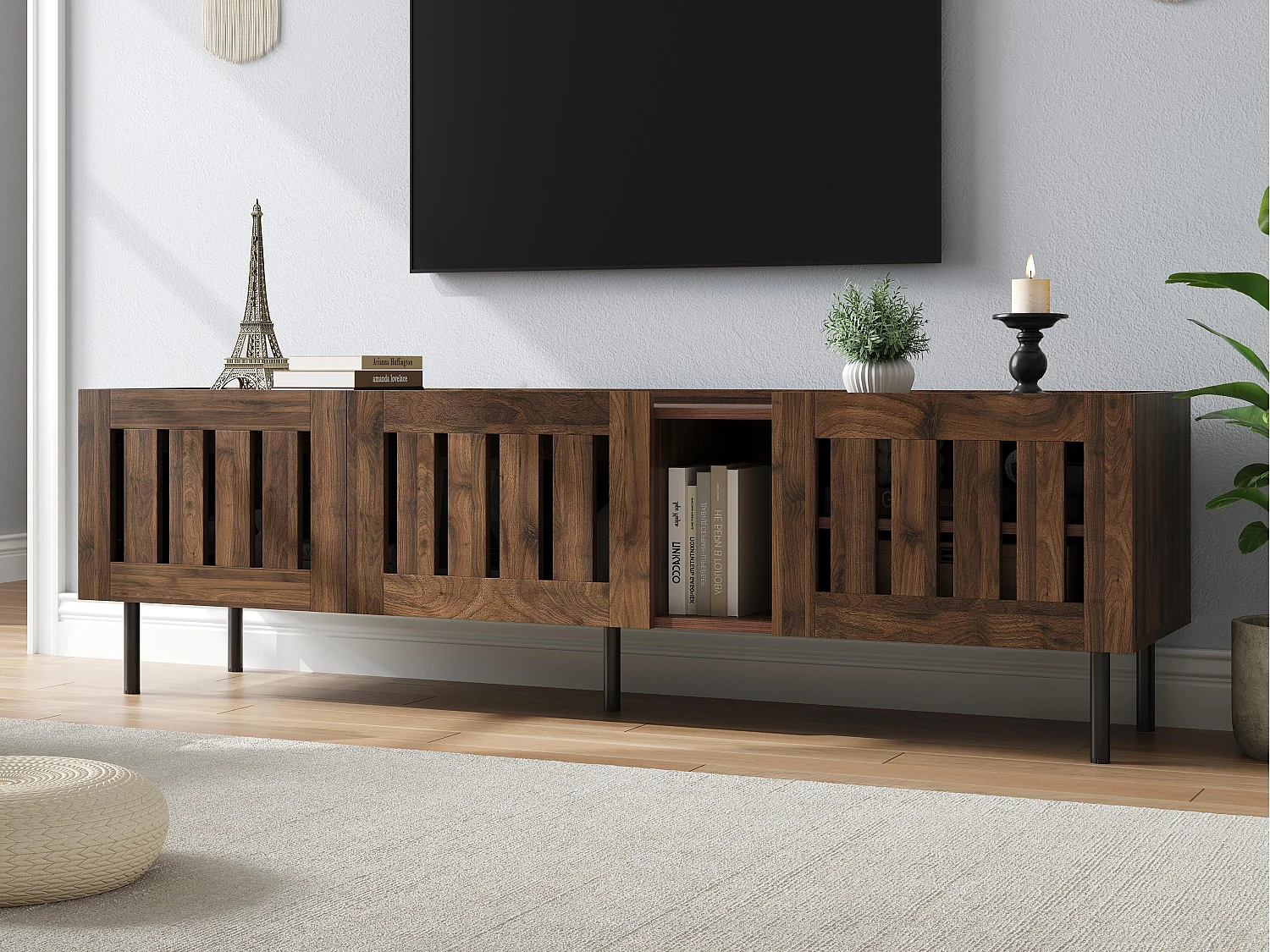 Meuble TV 160x40x47 cm - avec 3 portes - Design ajouré - MDF + métal - Marron