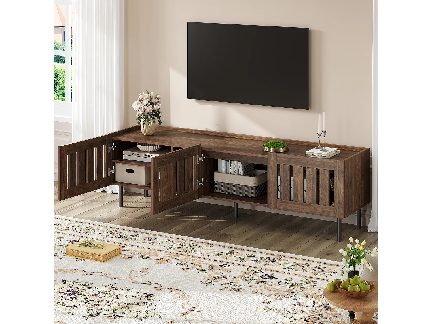 Meuble TV 160x40x47 cm - avec 3 portes - Design ajouré - MDF + métal - Marron