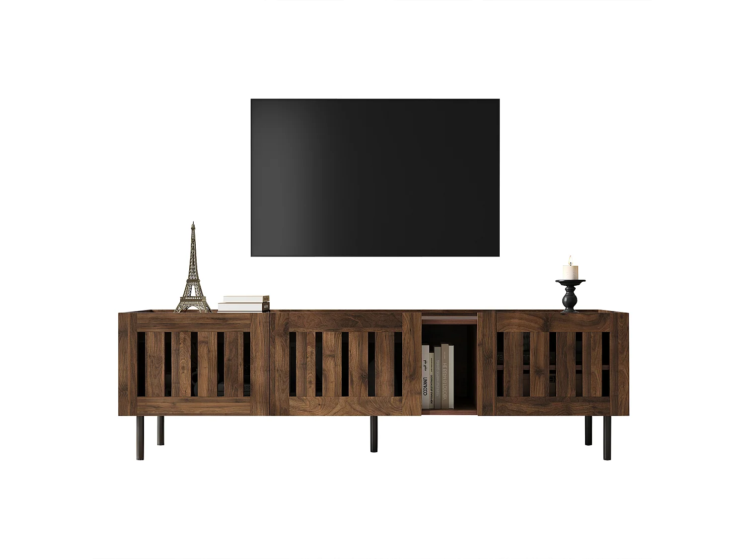 Meuble TV 160x40x47 cm - avec 3 portes - Design ajouré - MDF + métal - Marron