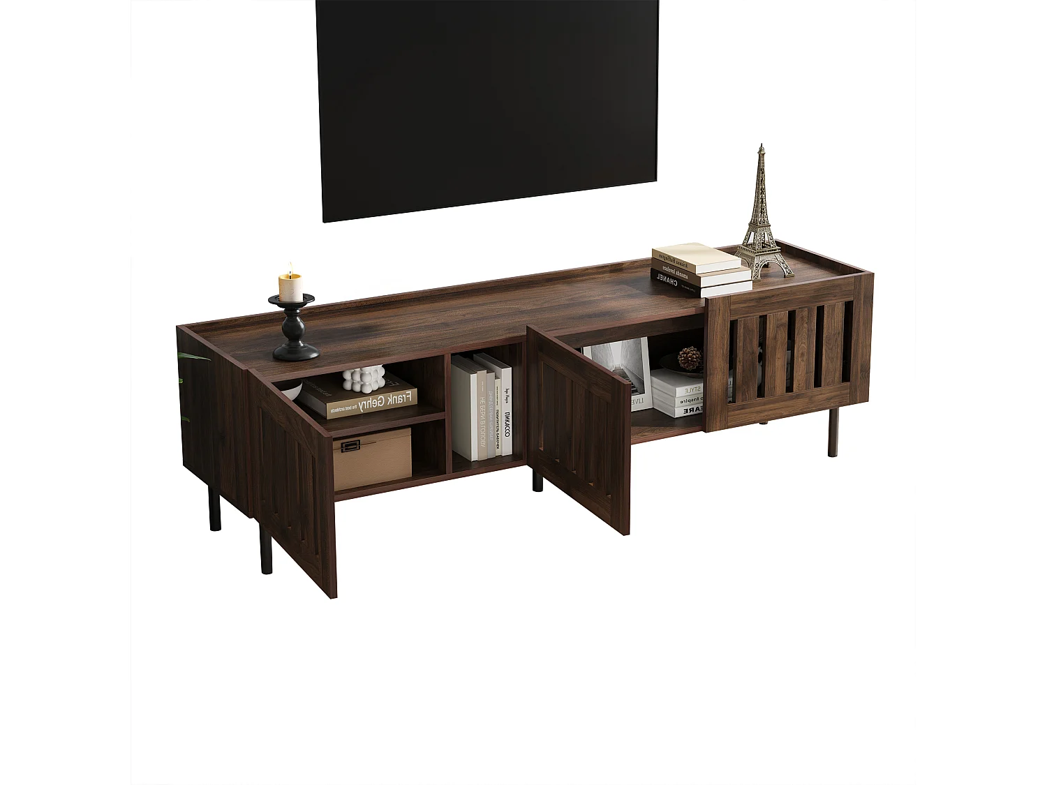 Meuble TV 160x40x47 cm - avec 3 portes - Design ajouré - MDF + métal - Marron