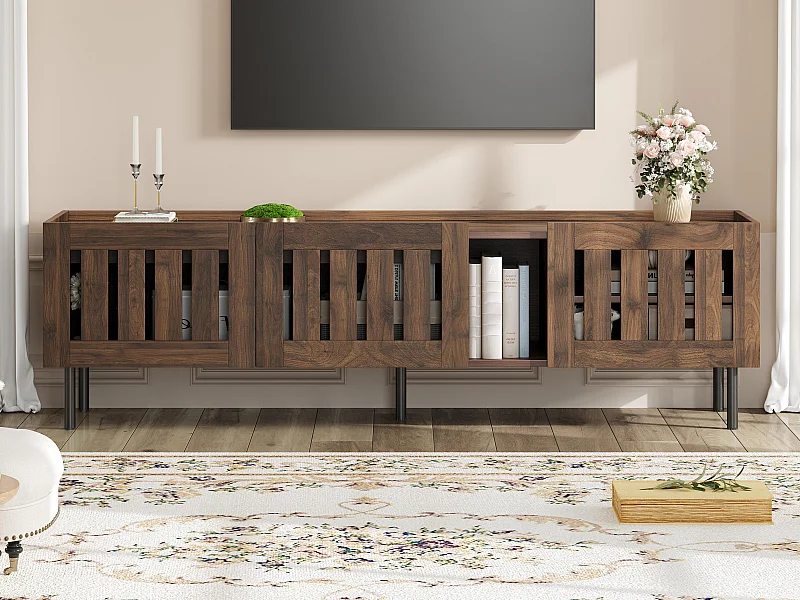 Meuble TV 160x40x47 cm - avec 3 portes - Design ajouré - MDF + métal - Marron