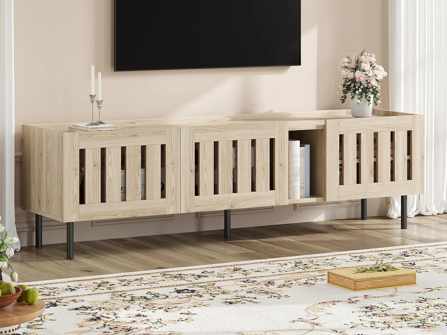 Mueble para TV 160x40x47 cm - con 3 puertas - Design calado - MDF + metal - Natural