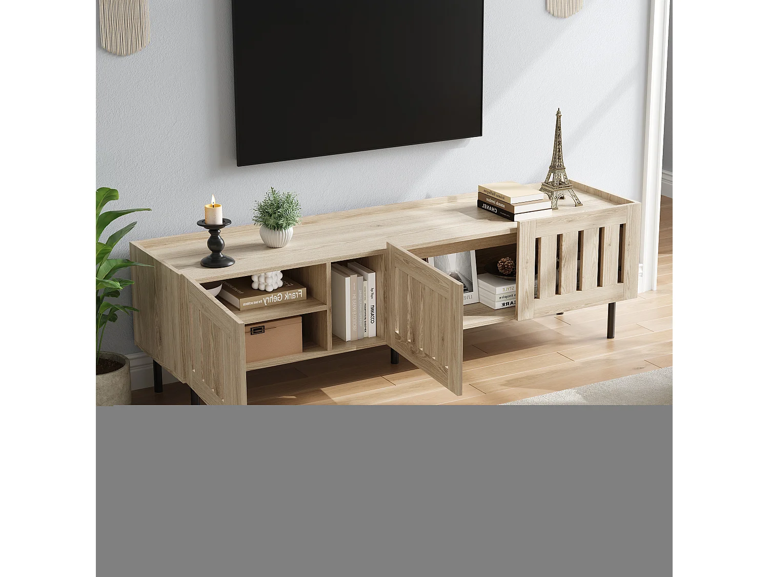 Mueble para TV 160x40x47 cm - con 3 puertas - Design calado - MDF + metal - Natural