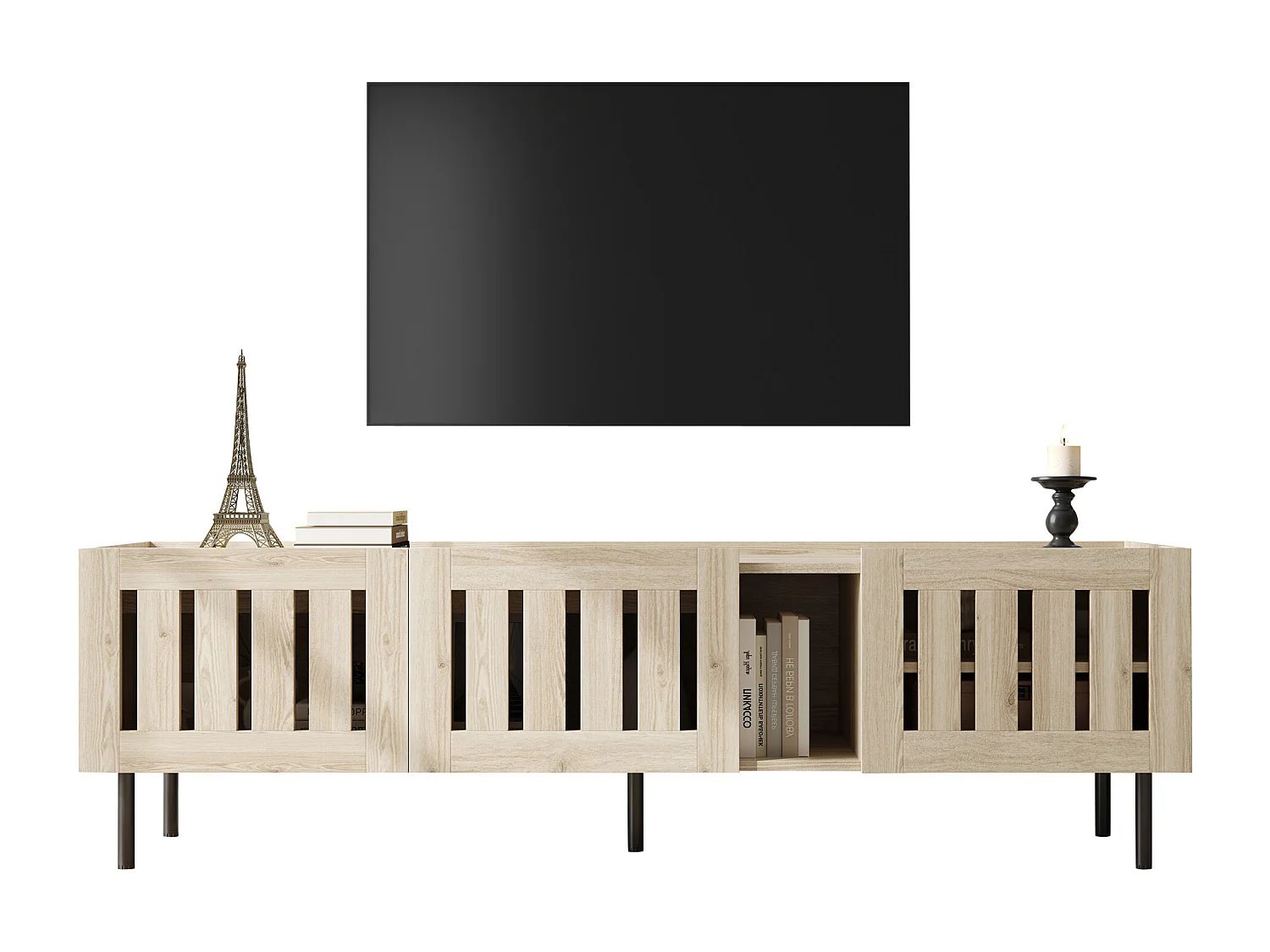 Mueble para TV 160x40x47 cm - con 3 puertas - Design calado - MDF + metal - Natural