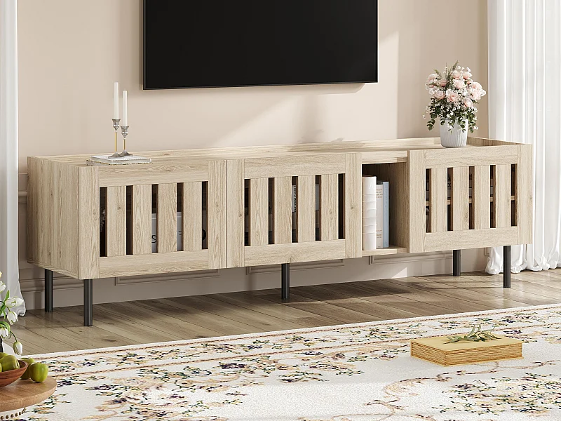 Meble pod TV 160x40x47 cm - z 3 frontami - ażurowy design - MDF + metal - Kolor naturalny