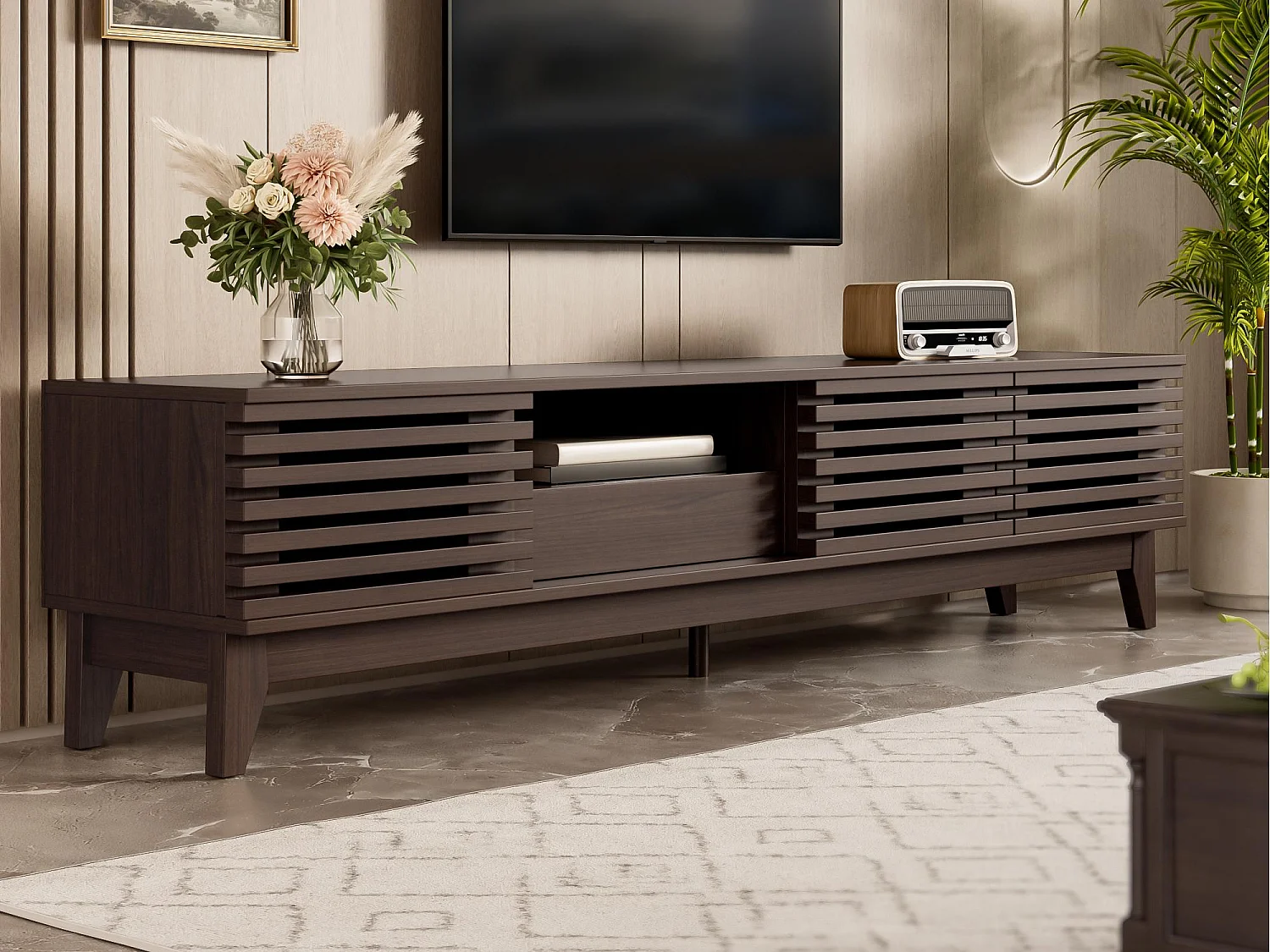 Meuble TV 170x35x40 cm - 1 tiroir et 3 portes - avec étagères ouvertes - Panneaux de particules - Marron