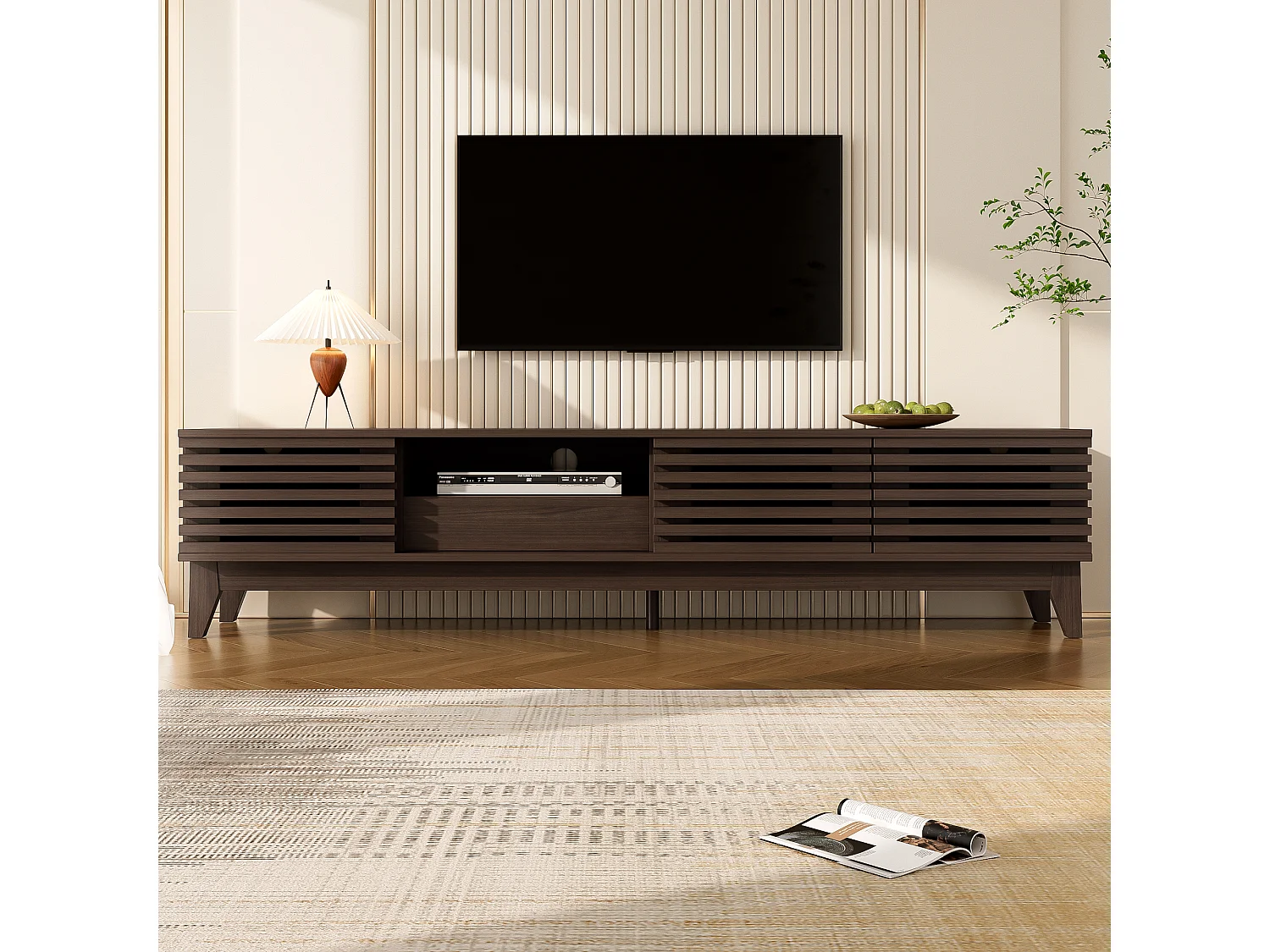 Meuble TV 170x35x40 cm - 1 tiroir et 3 portes - avec étagères ouvertes - Panneaux de particules - Marron