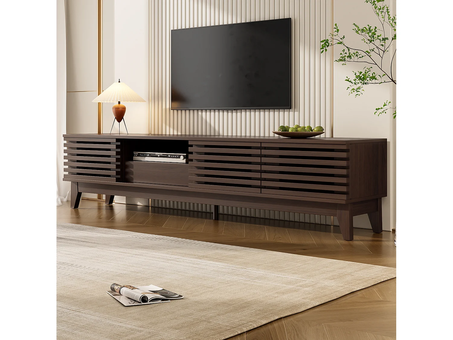 Meuble TV 170x35x40 cm - 1 tiroir et 3 portes - avec étagères ouvertes - Panneaux de particules - Marron