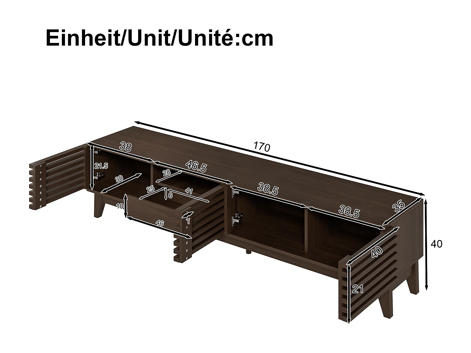 Meuble TV 170x35x40 cm - 1 tiroir et 3 portes - avec étagères ouvertes - Panneaux de particules - Marron