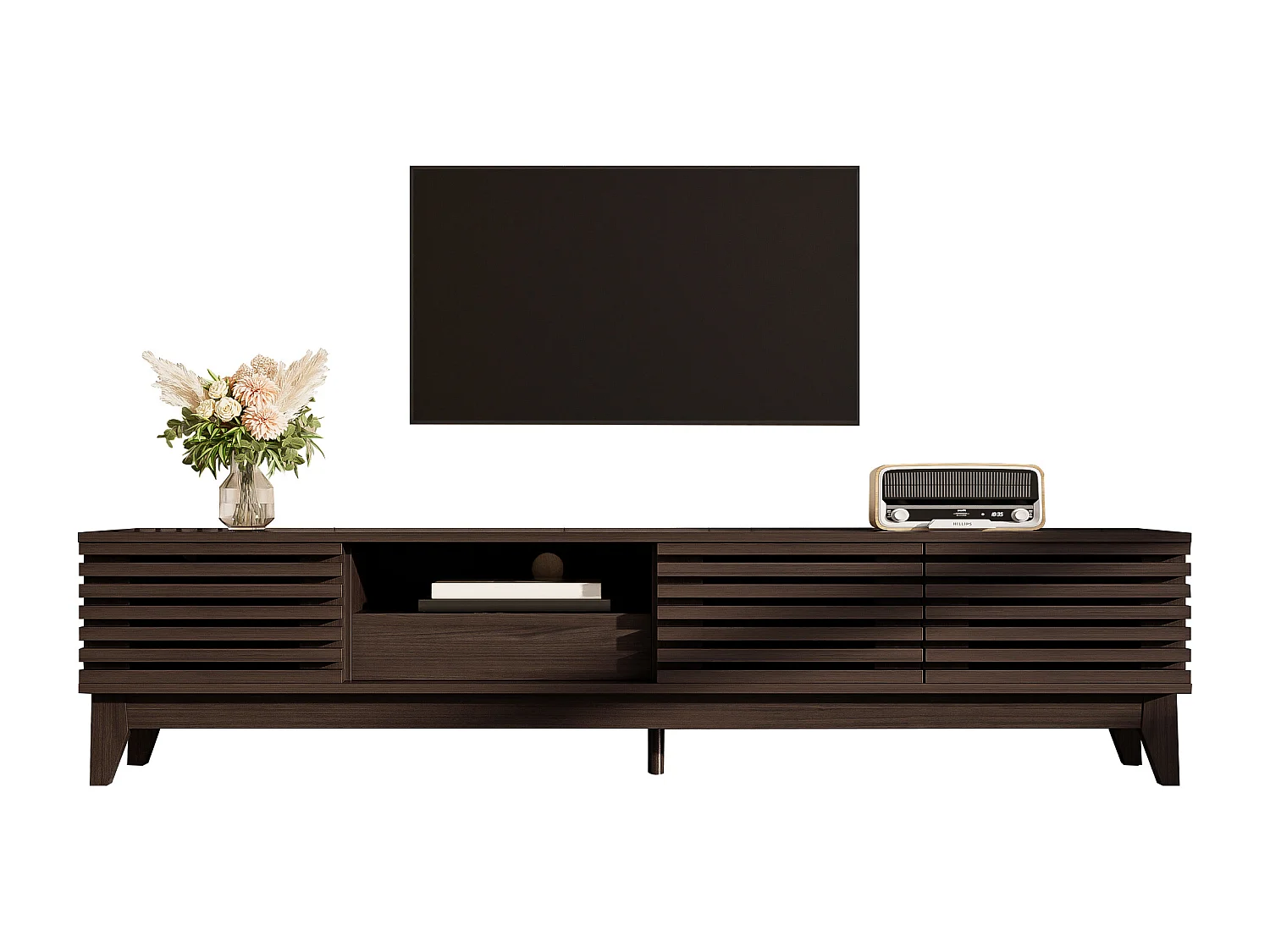 Meuble TV 170x35x40 cm - 1 tiroir et 3 portes - avec étagères ouvertes - Panneaux de particules - Marron