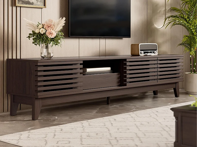 Meuble TV 170x35x40 cm - 1 tiroir et 3 portes - avec étagères ouvertes - Panneaux de particules - Marron