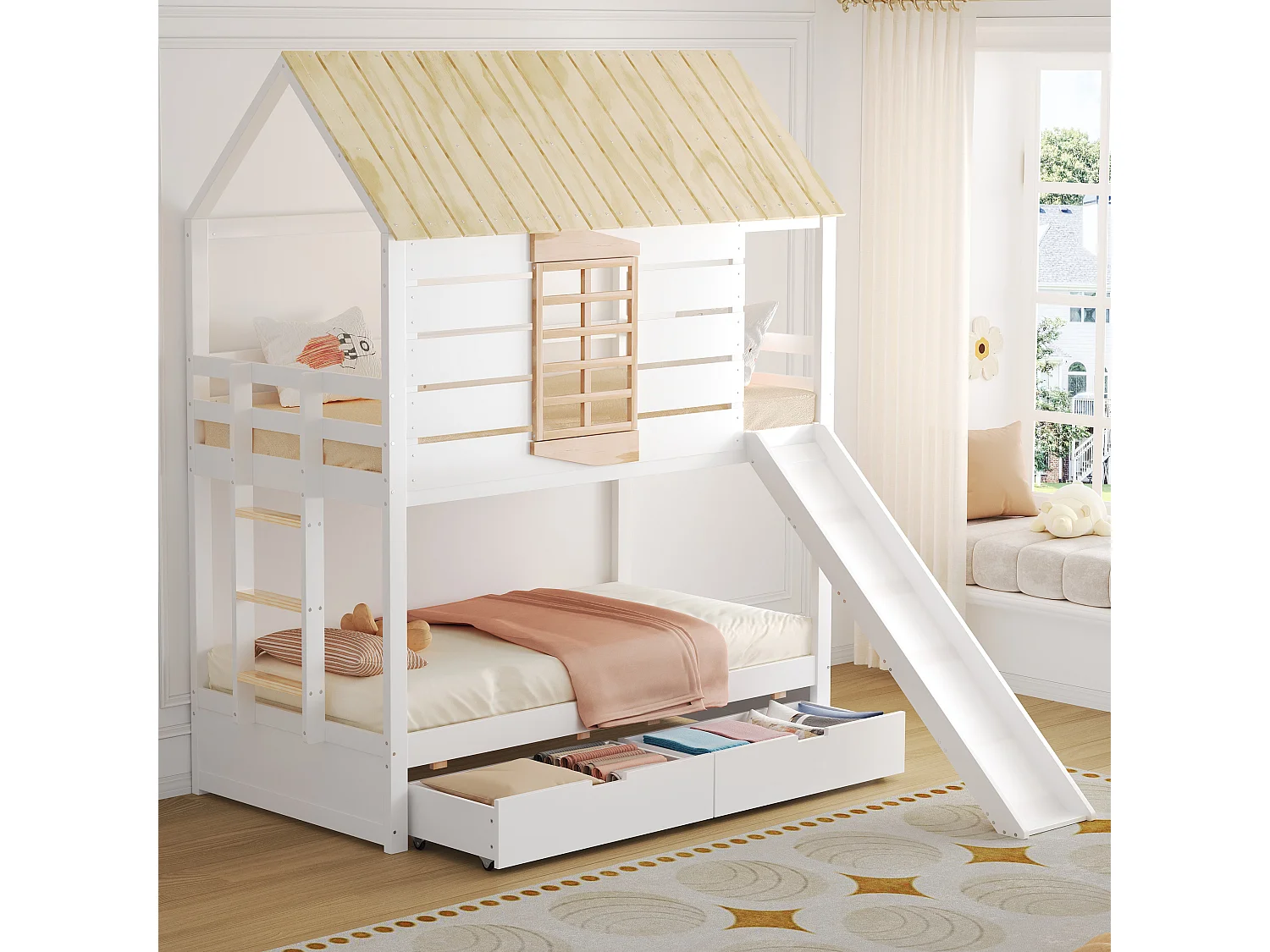 Etagenbett für Kinder 90x200 cm - mit Rutsche und 2 Schubladen - weiß + natur (ohne Matratze)