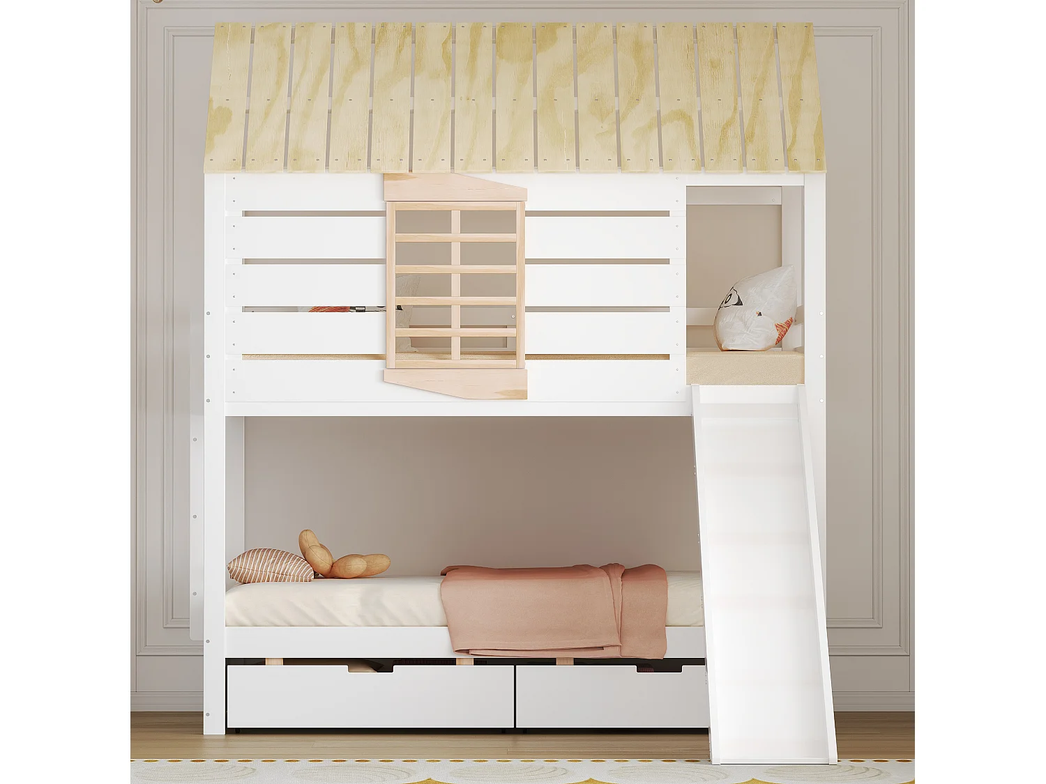 Etagenbett für Kinder 90x200 cm - mit Rutsche und 2 Schubladen - weiß + natur (ohne Matratze)