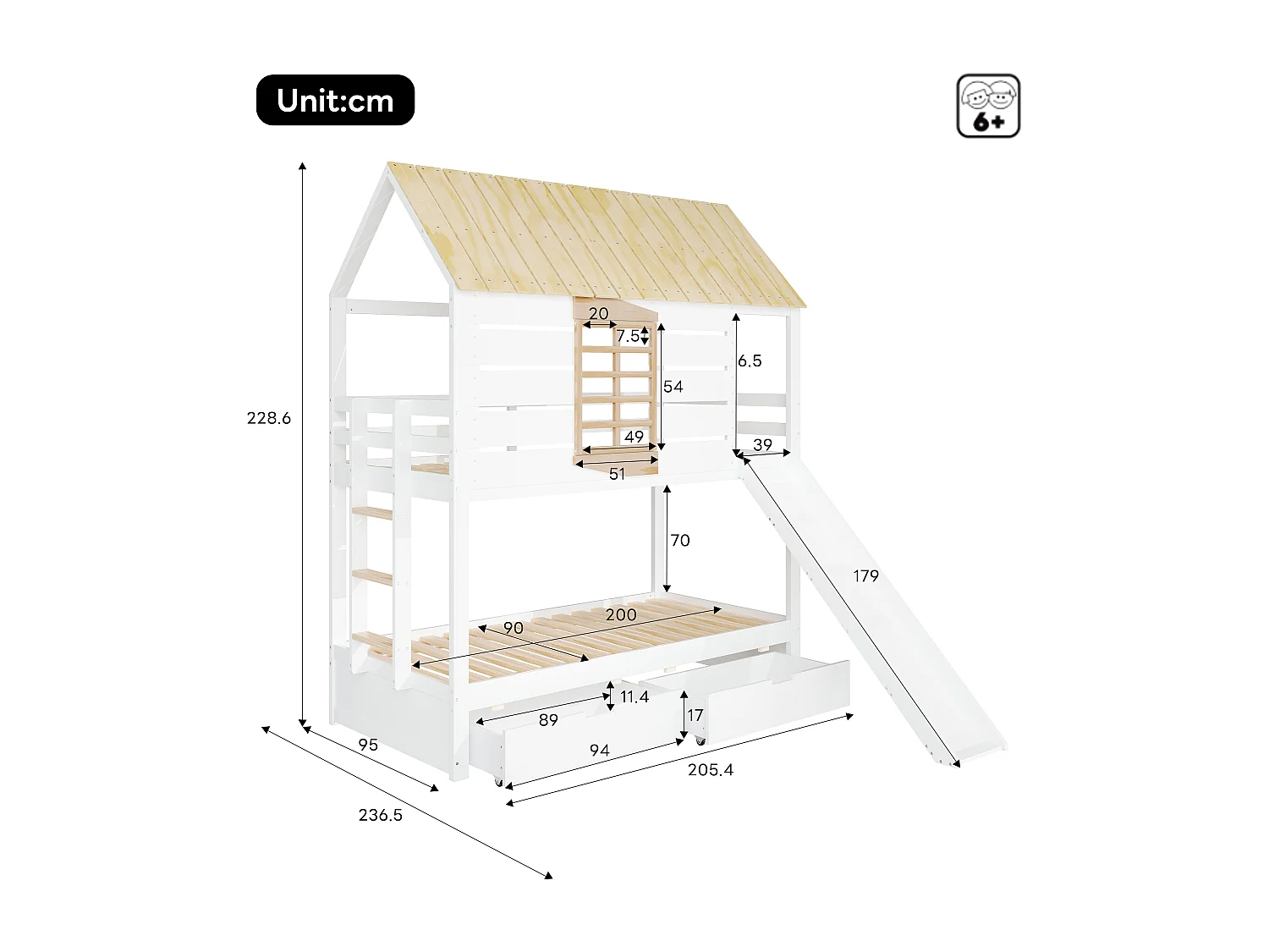 Etagenbett für Kinder 90x200 cm - mit Rutsche und 2 Schubladen - weiß + natur (ohne Matratze)