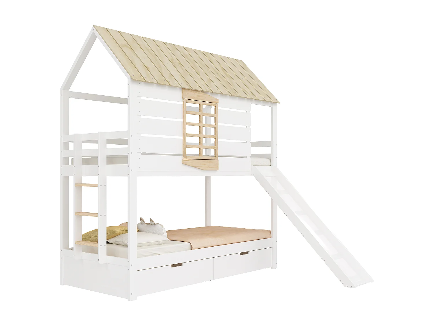 Etagenbett für Kinder 90x200 cm - mit Rutsche und 2 Schubladen - weiß + natur (ohne Matratze)