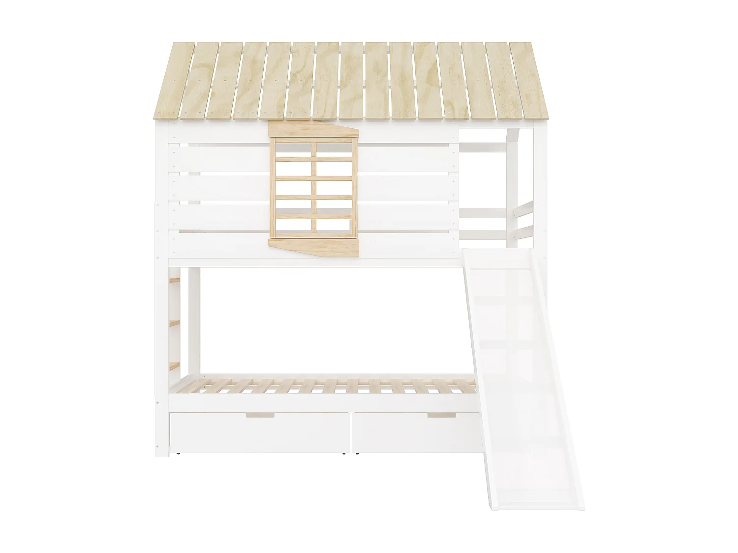 Etagenbett für Kinder 90x200 cm - mit Rutsche und 2 Schubladen - weiß + natur (ohne Matratze)