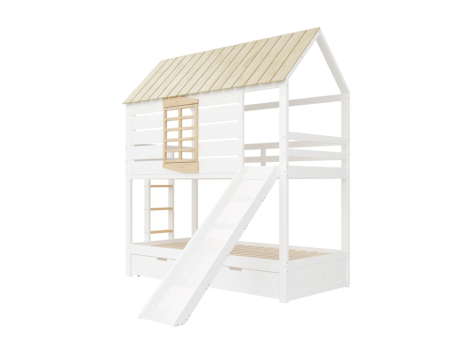 Etagenbett für Kinder 90x200 cm - mit Rutsche und 2 Schubladen - weiß + natur (ohne Matratze)