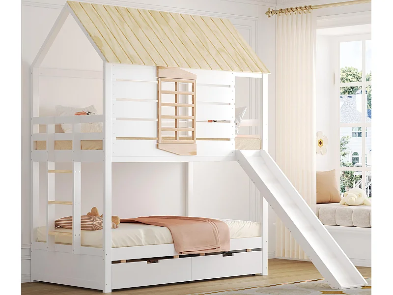 Etagenbett für Kinder 90x200 cm - mit Rutsche und 2 Schubladen - weiß + natur (ohne Matratze)