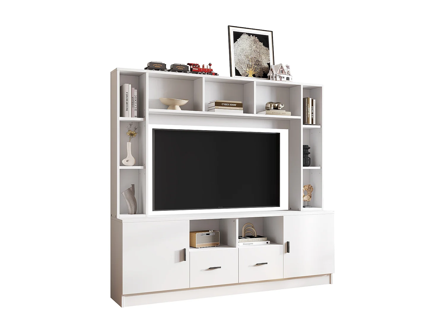 TV-Möbel-Set 180x35x170 cm - TV-Schrank + Regale - 2 Türen und 2 Schubladen - 11 Staufächer - Weiß