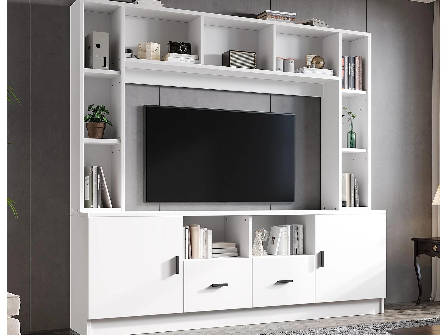 TV-Möbel-Set 180x35x170 cm - TV-Schrank + Regale - 2 Türen und 2 Schubladen - 11 Staufächer - Weiß