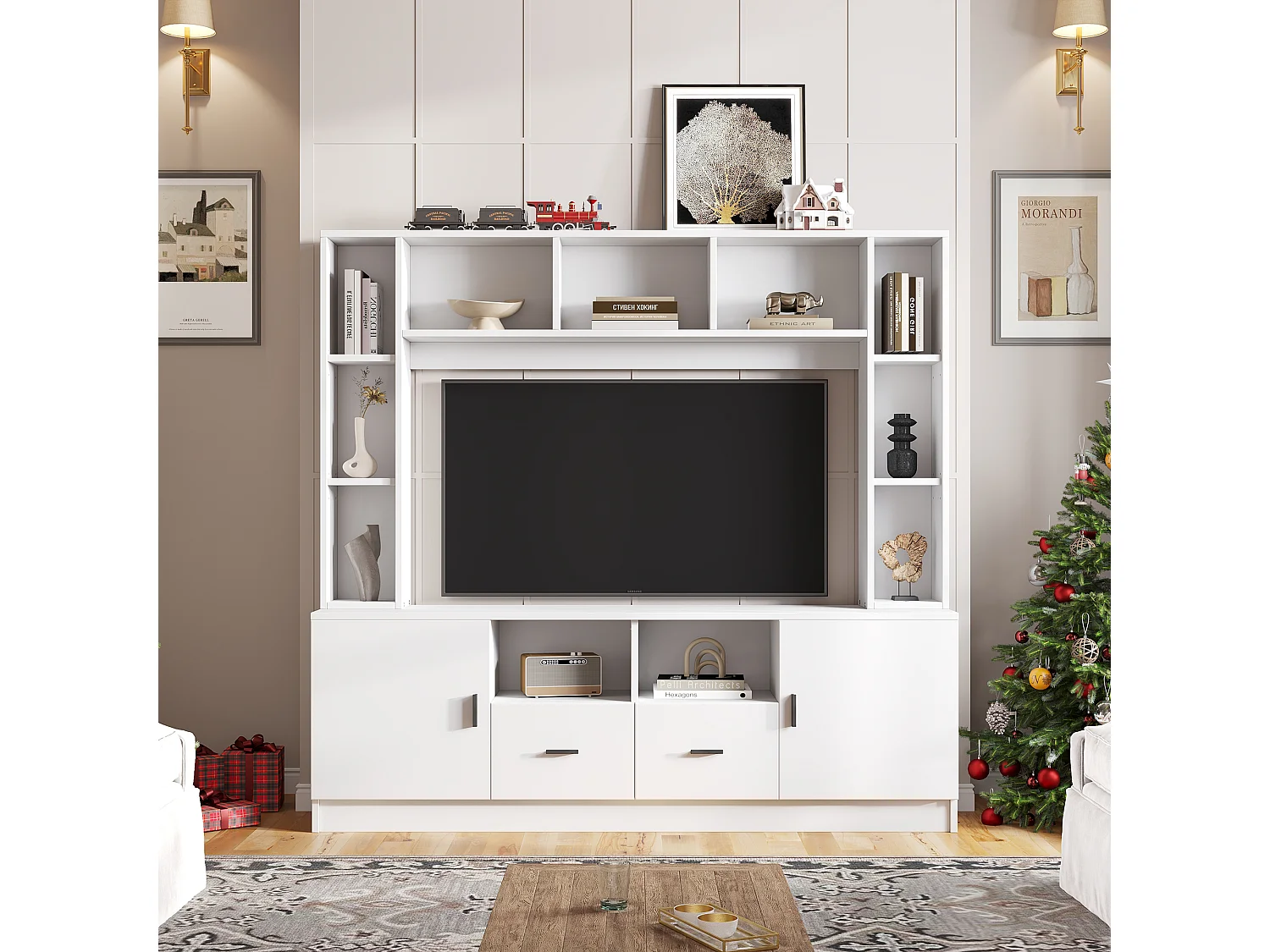 TV-Möbel-Set 180x35x170 cm - TV-Schrank + Regale - 2 Türen und 2 Schubladen - 11 Staufächer - Weiß