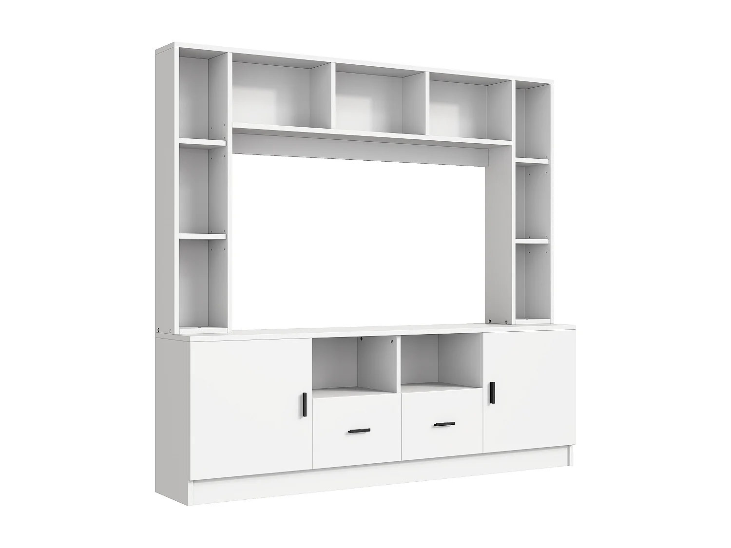 TV-Möbel-Set 180x35x170 cm - TV-Schrank + Regale - 2 Türen und 2 Schubladen - 11 Staufächer - Weiß