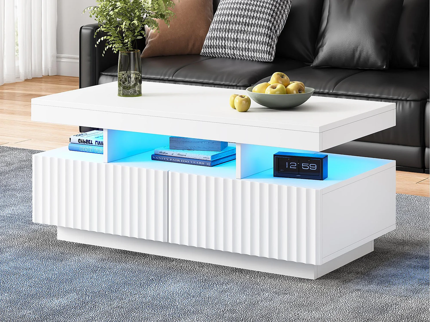 Couchtisch 100x50x45cm - mit LED-Beleuchtung - 2 Schubladen - Offener Stauraum - Spanplatten - Weiß