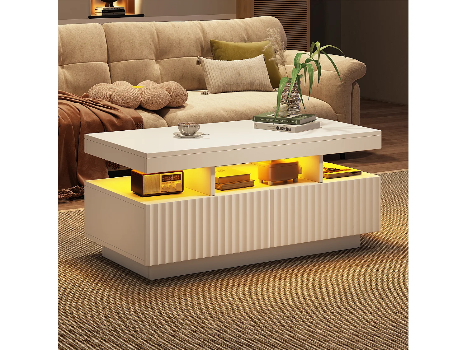 Couchtisch 100x50x45cm - mit LED-Beleuchtung - 2 Schubladen - Offener Stauraum - Spanplatten - Weiß