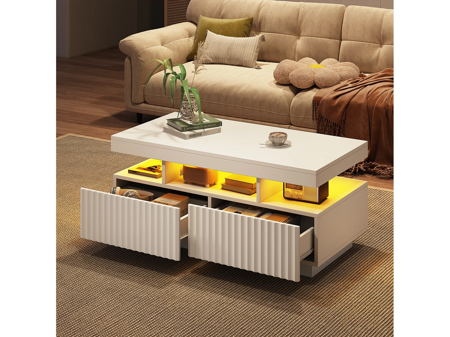 Couchtisch 100x50x45cm - mit LED-Beleuchtung - 2 Schubladen - Offener Stauraum - Spanplatten - Weiß