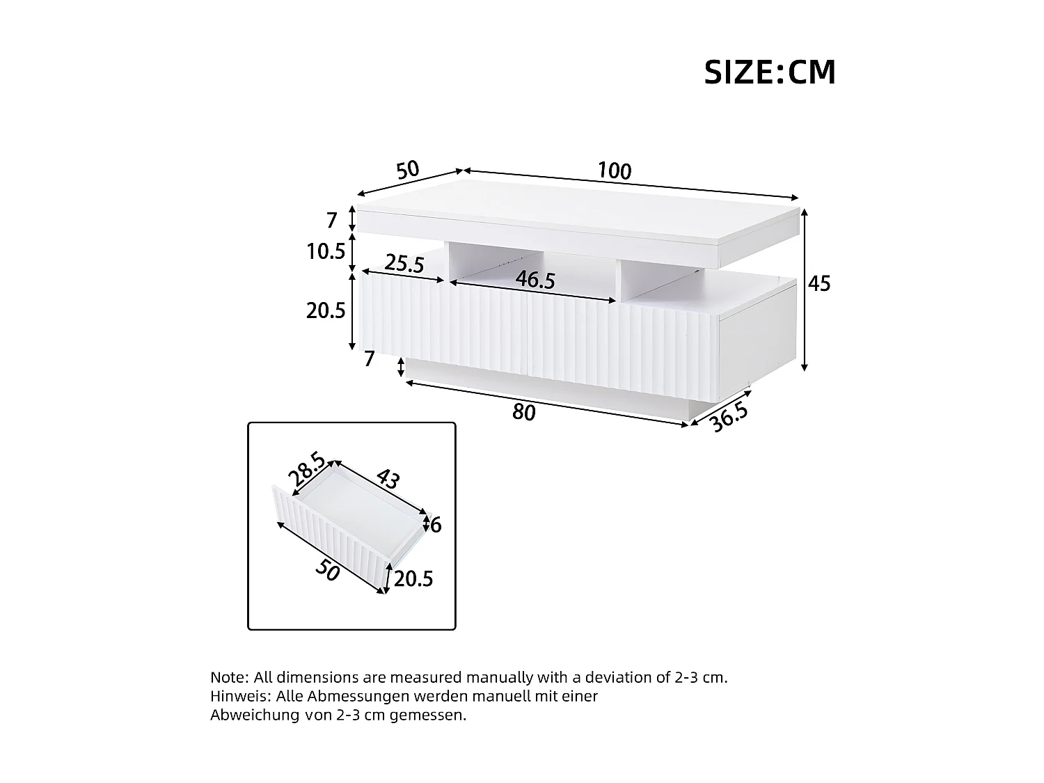 Couchtisch 100x50x45cm - mit LED-Beleuchtung - 2 Schubladen - Offener Stauraum - Spanplatten - Weiß