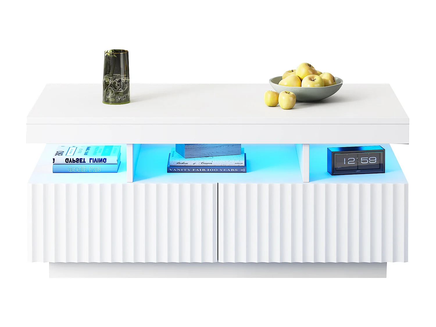 Couchtisch 100x50x45cm - mit LED-Beleuchtung - 2 Schubladen - Offener Stauraum - Spanplatten - Weiß