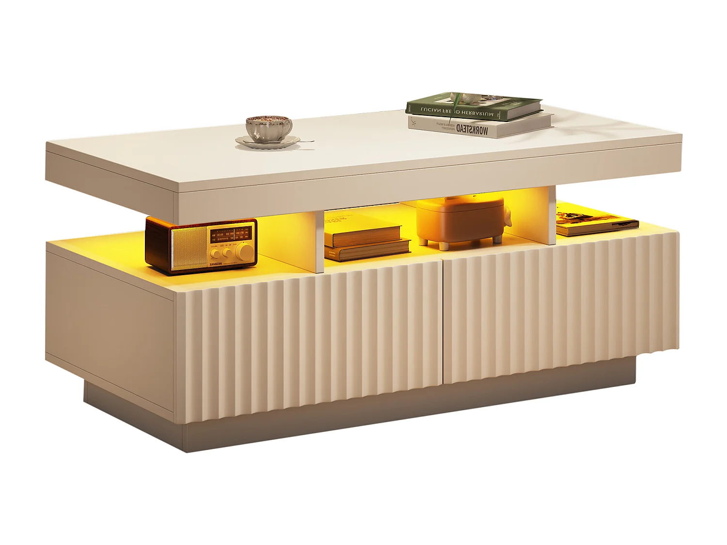 Couchtisch 100x50x45cm - mit LED-Beleuchtung - 2 Schubladen - Offener Stauraum - Spanplatten - Weiß