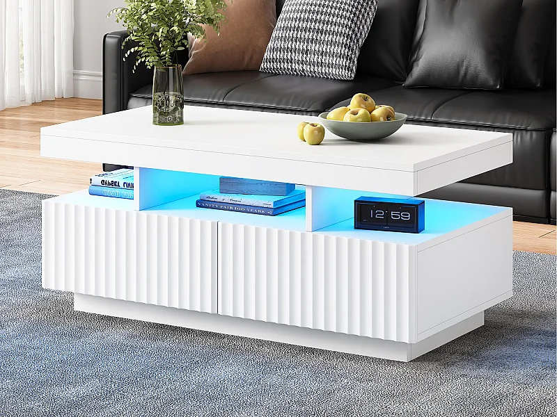 Couchtisch 100x50x45cm - mit LED-Beleuchtung - 2 Schubladen - Offener Stauraum - Spanplatten - Weiß