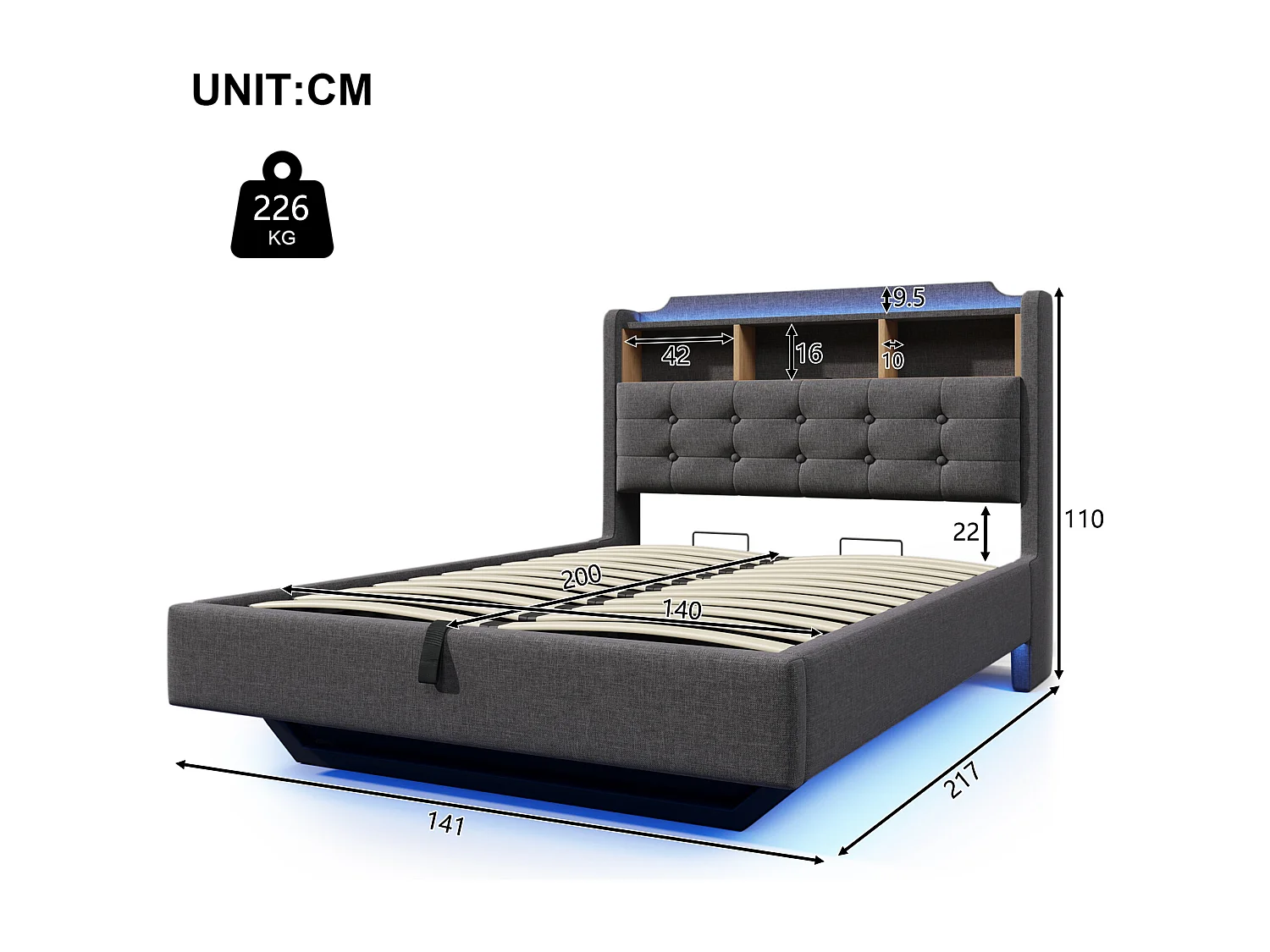 Gepolstertes Stauraumbett 140x200 cm - mit LED-Beleuchtung - ausgestattet mit USB + Typ-C-Anschlüssen - Leinenstoff - grau (Matratze nicht inbegriffen)