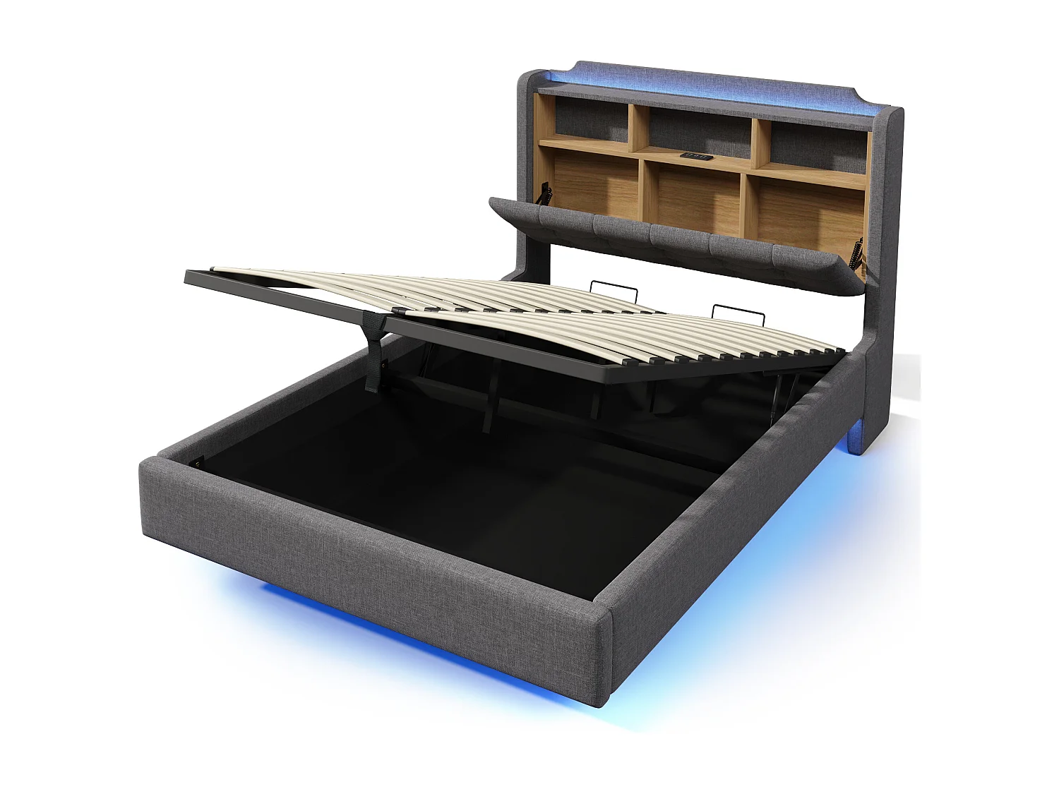 Gepolstertes Stauraumbett 140x200 cm - mit LED-Beleuchtung - ausgestattet mit USB + Typ-C-Anschlüssen - Leinenstoff - grau (Matratze nicht inbegriffen)