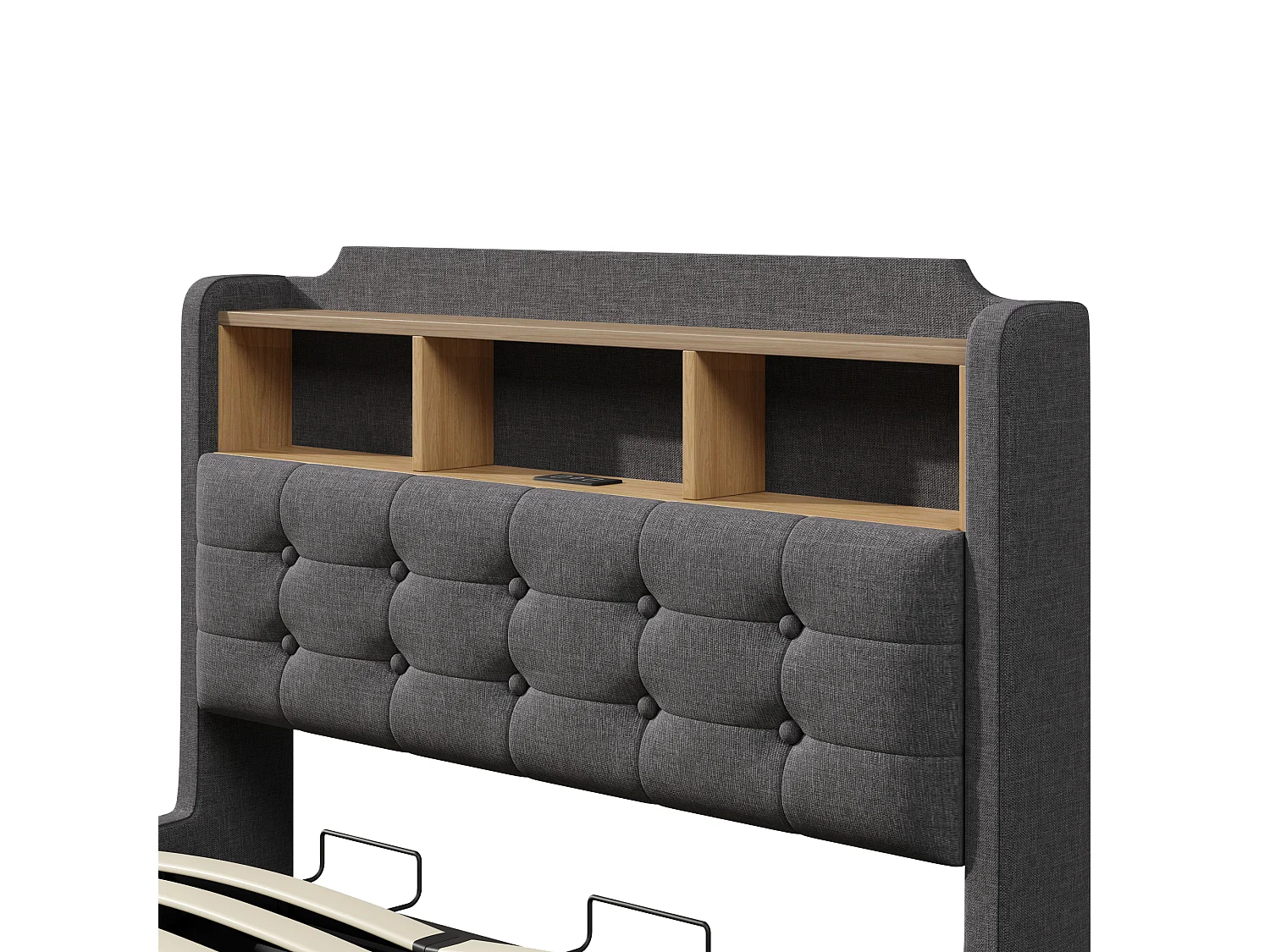 Gepolstertes Stauraumbett 140x200 cm - mit LED-Beleuchtung - ausgestattet mit USB + Typ-C-Anschlüssen - Leinenstoff - grau (Matratze nicht inbegriffen)