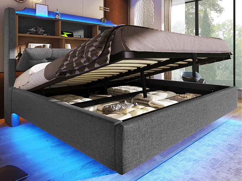 Gepolstertes Stauraumbett 140x200 cm - mit LED-Beleuchtung - ausgestattet mit USB + Typ-C-Anschlüssen - Leinenstoff - grau (Matratze nicht inbegriffen)