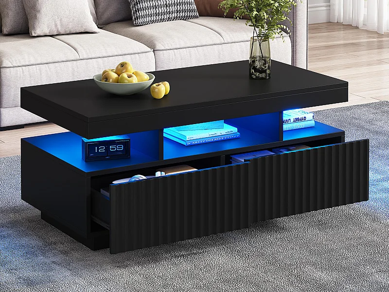 Couchtisch 100x50x45cm - mit LED-Beleuchtung - 2 Schubladen - Offener Stauraum - Spanplatten - Schwarz