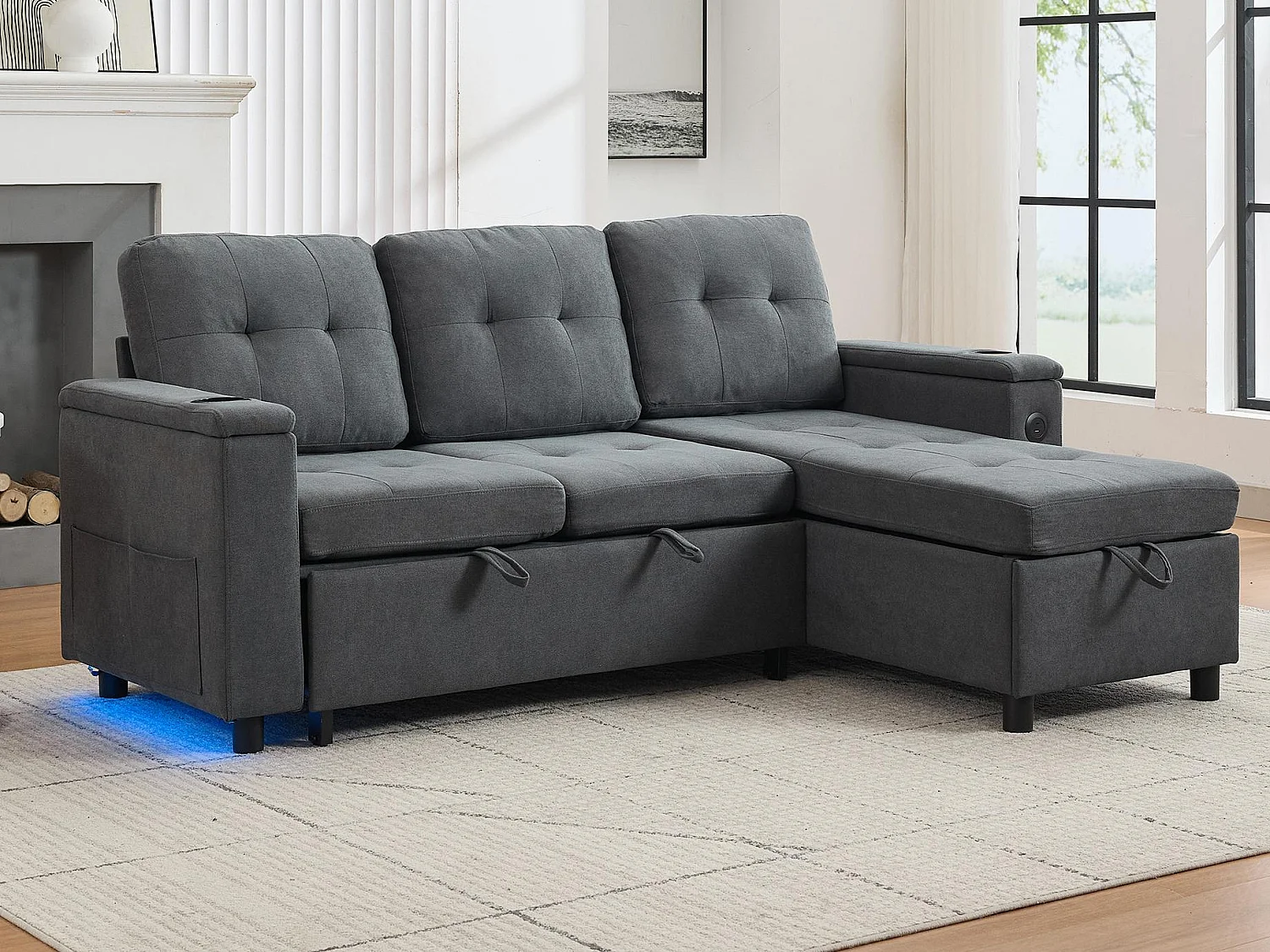 Canapé d'angle 3 places 208x146x89,5 cm - Pliable - avec éclairage LED - avec porte-gobelet et sac de rangement - Gris