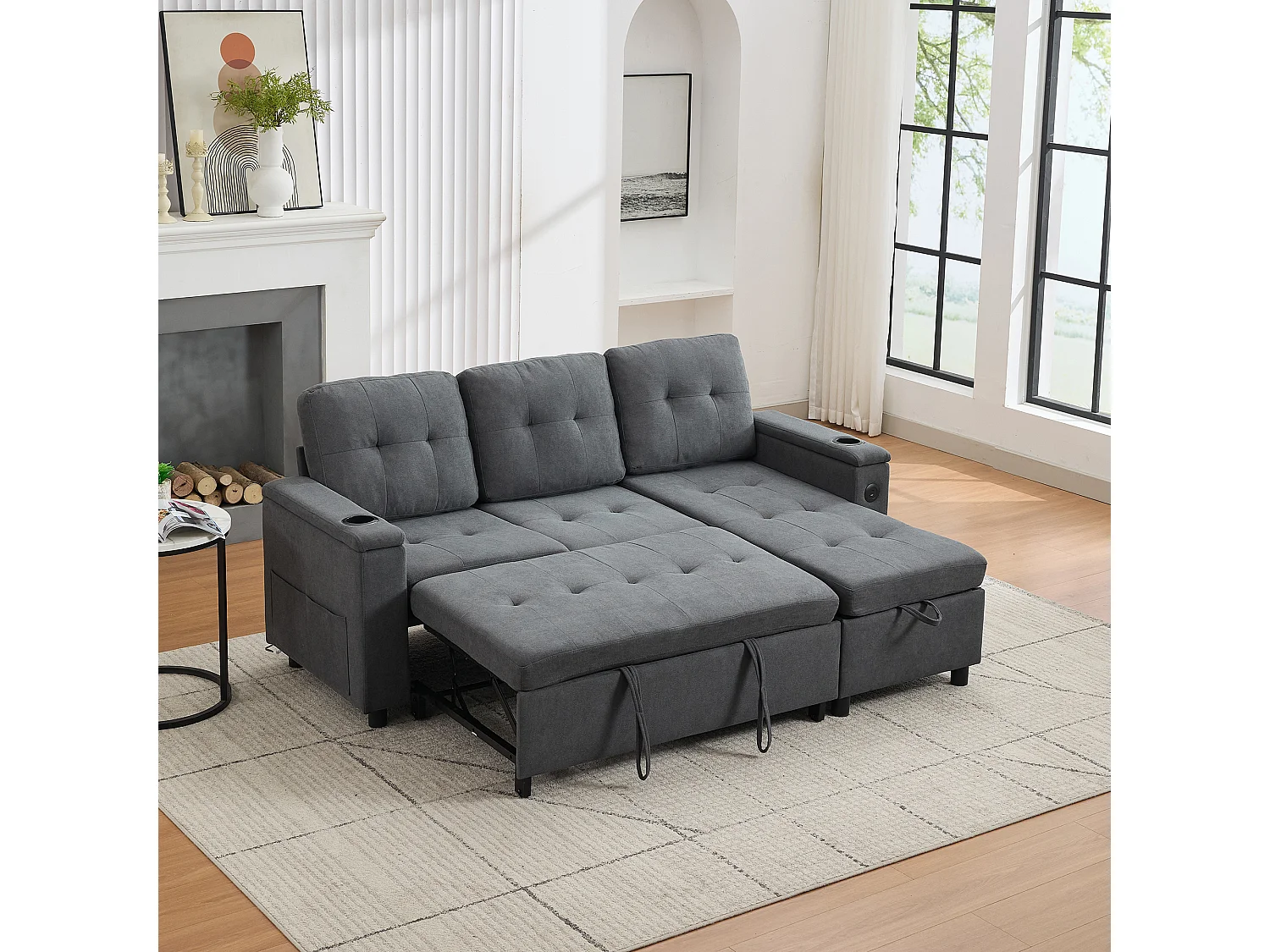 Canapé d'angle 3 places 208x146x89,5 cm - Pliable - avec éclairage LED - avec porte-gobelet et sac de rangement - Gris