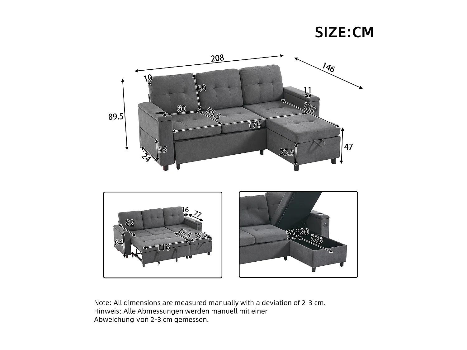 Canapé d'angle 3 places 208x146x89,5 cm - Pliable - avec éclairage LED - avec porte-gobelet et sac de rangement - Gris