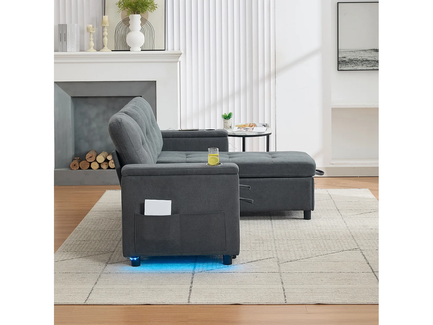 Canapé d'angle 3 places 208x146x89,5 cm - Pliable - avec éclairage LED - avec porte-gobelet et sac de rangement - Gris