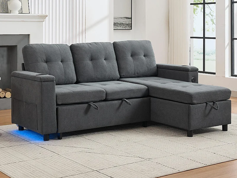 Canapé d'angle 3 places 208x146x89,5 cm - Pliable - avec éclairage LED - avec porte-gobelet et sac de rangement - Gris