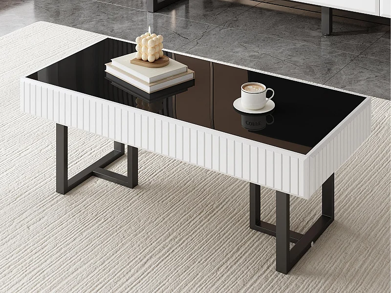 Moderne Couchtisch 110x50.5x41 cm - Hochglanz schwarze Platte - Eisenkonstruktion - MDF + Spanplatten - Schwarz und weiß