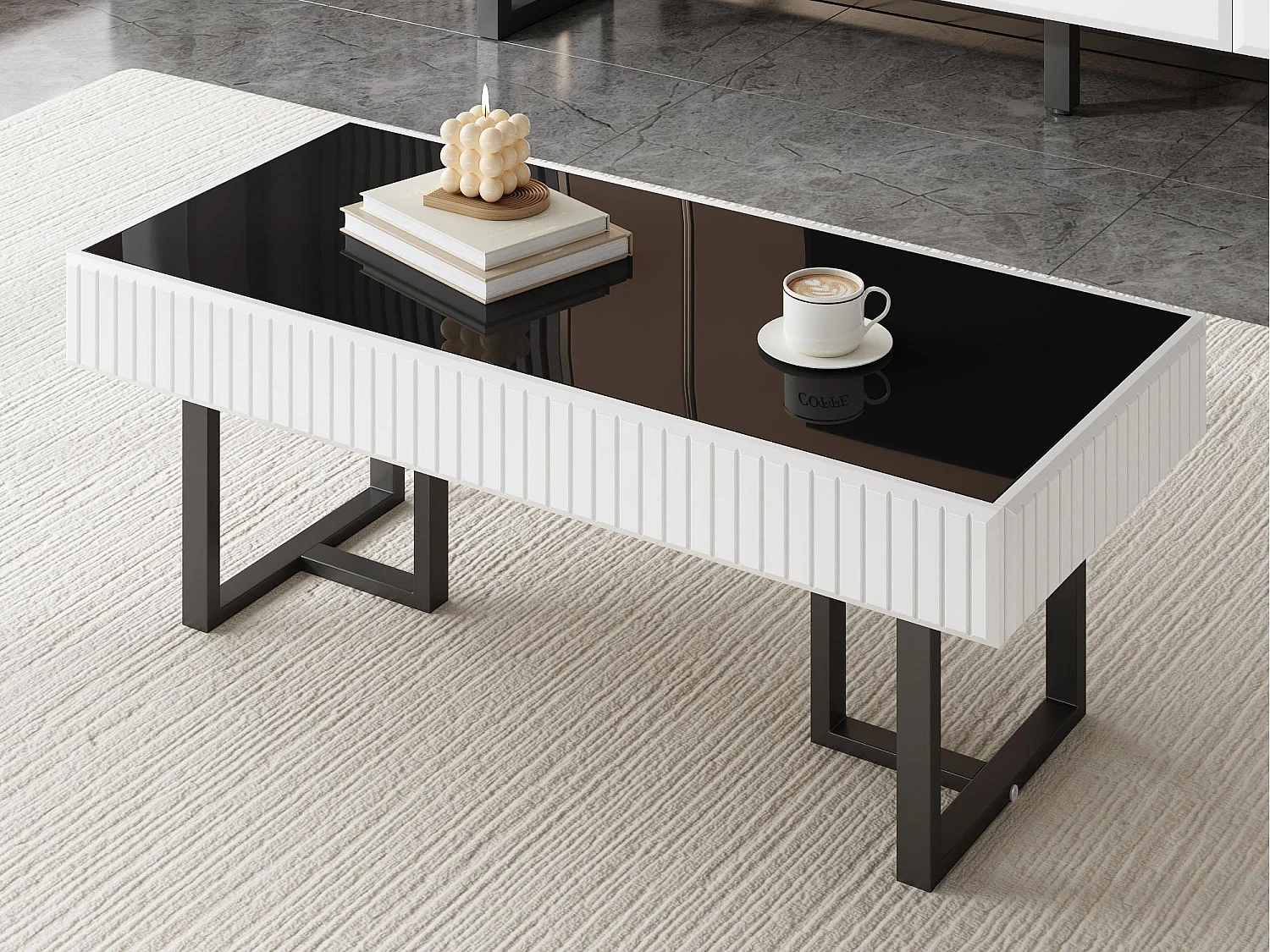 Moderne Couchtisch 110x50.5x41 cm - Hochglanz schwarze Platte - Eisenkonstruktion - MDF + Spanplatten - Schwarz und weiß