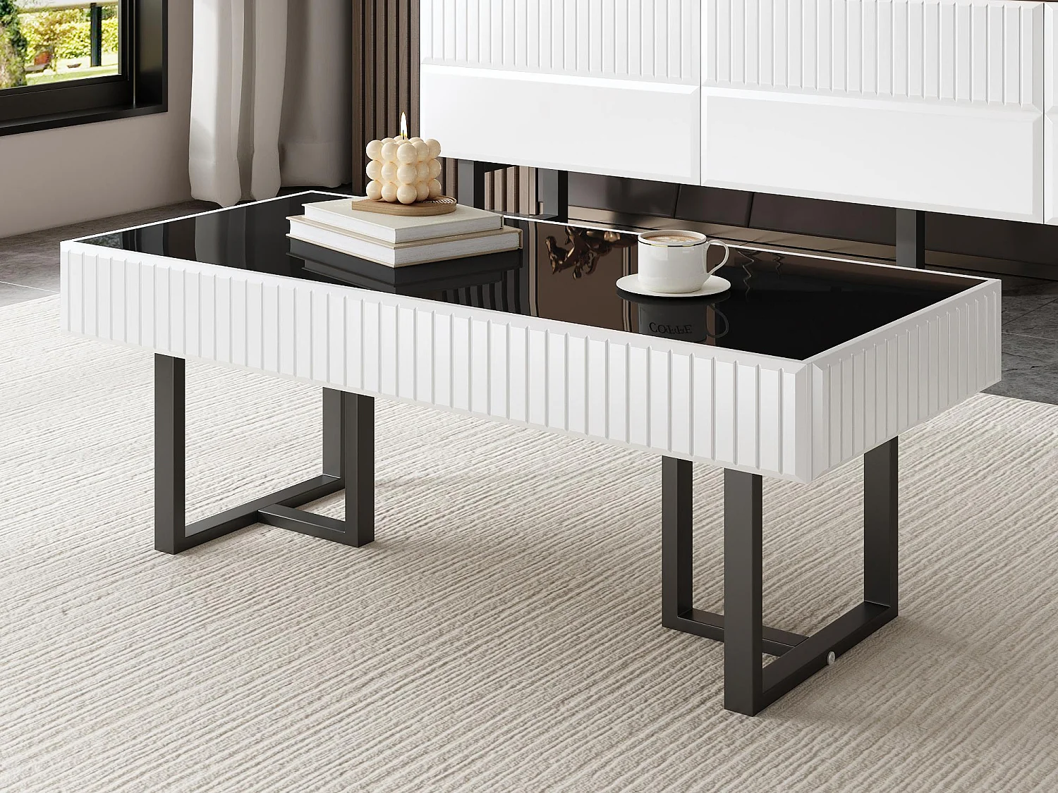 Moderne Couchtisch 110x50.5x41 cm - Hochglanz schwarze Platte - Eisenkonstruktion - MDF + Spanplatten - Schwarz und weiß