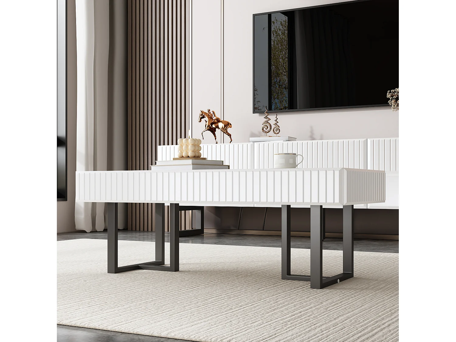 Moderne Couchtisch 110x50.5x41 cm - Hochglanz schwarze Platte - Eisenkonstruktion - MDF + Spanplatten - Schwarz und weiß