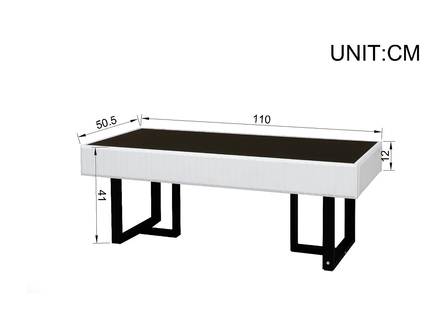 Moderne Couchtisch 110x50.5x41 cm - Hochglanz schwarze Platte - Eisenkonstruktion - MDF + Spanplatten - Schwarz und weiß