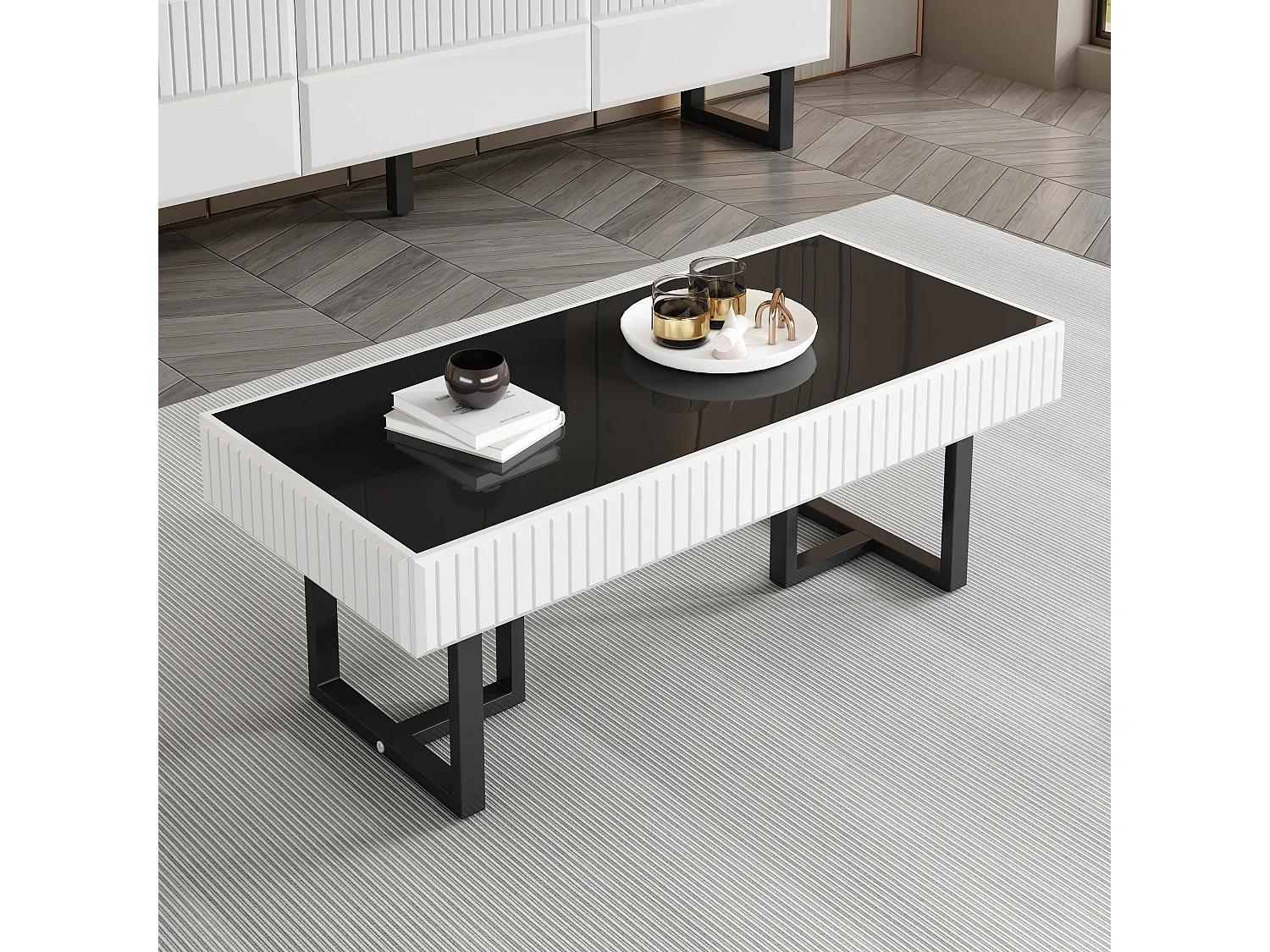 Tavolino da salotto moderno 110x50.5x41 cm - Piano nero lucido - Struttura in ferro - MDF + pannelli di particelle - Nero e bianco