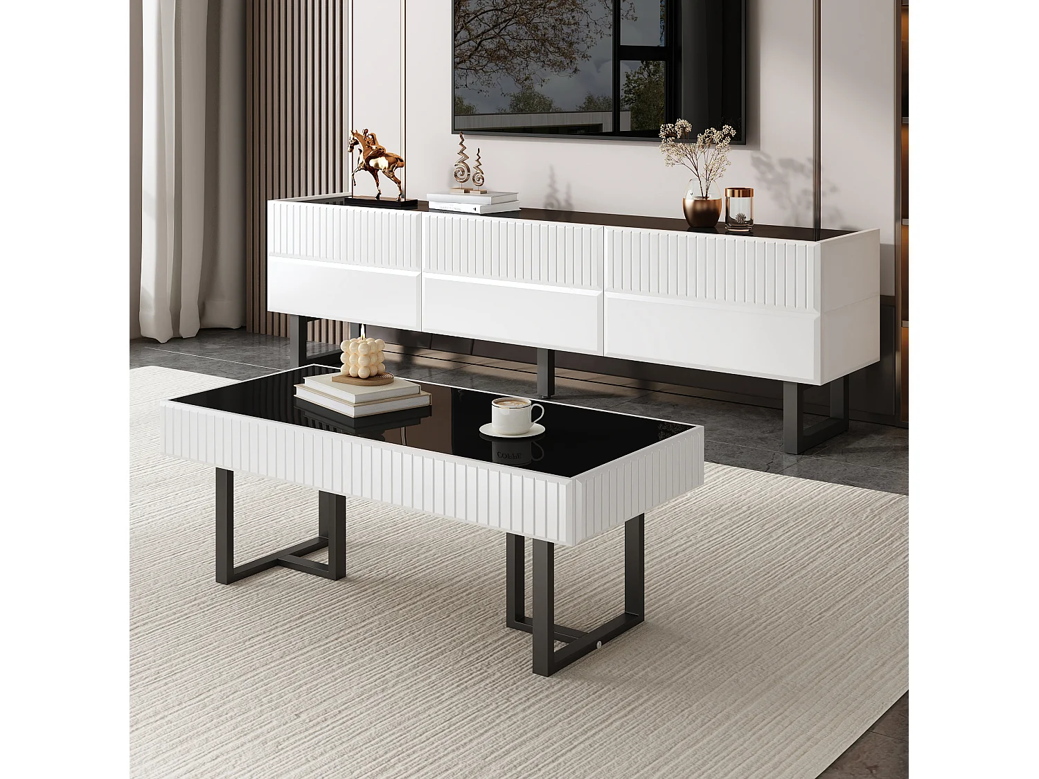 Tavolino da salotto moderno 110x50.5x41 cm - Piano nero lucido - Struttura in ferro - MDF + pannelli di particelle - Nero e bianco